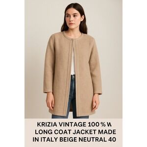 Krizia Vintage Italian Wool Coat Jacket Size 40 Beige‎ Neutral Minimalist